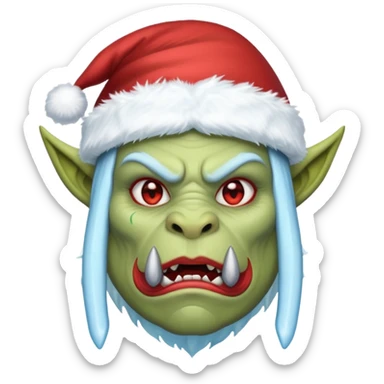 Fantasy orc emoji portrait, Santa Claus hat stretched around tusks, tusks covered with ice and crimson frost cracks, cold predator expression, winter hunt atmosphere, minimal clean emoji design, female variant
 sticker