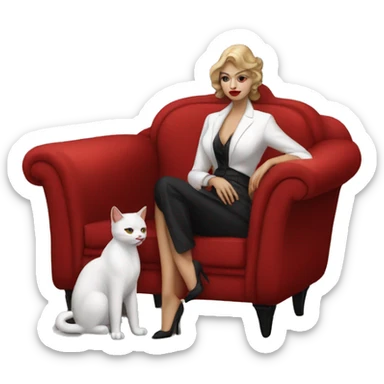 a woman cosplaying don corleone as a mafia boss sitting on a red chair petting a white cat on his lap sticker