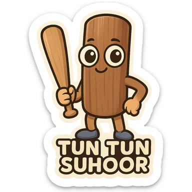 chibi emoji of Tun Tun Suhoor, wooden stick body with smooth brown texture, big cartoon eyes on the stick, small smile, human arms and legs, holding a wooden bat, absurd and funny meme style, no text sticker