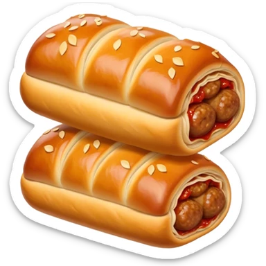 cinematic-realistic-sausage-roll-dish-emoji,-depicted-with-a-crisp,-golden-pastry-wrapped-around-flavorful-sausage,with tomatoe sauce on top sticker