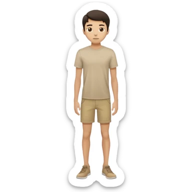 rapaz magro cabelo escuro, camiseta bege e  bermuda bege escuro, em pé de corpo inteiro  sticker