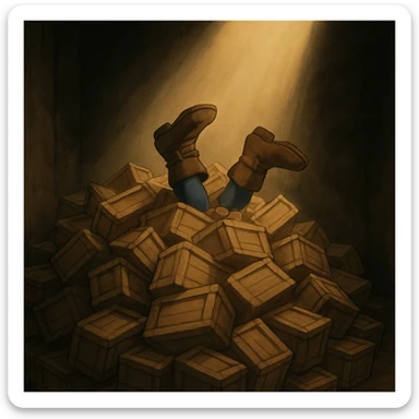 A pile of small oblong crates hidden in a dark area with a beam of light shining from above, with someone’s boots sticking out like they dove in sticker