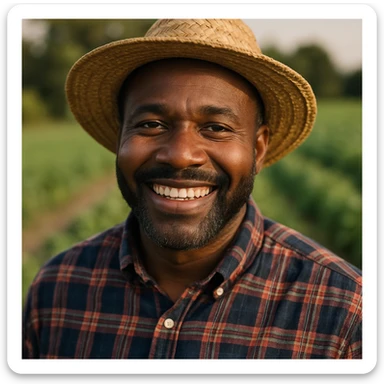 Black man farmer, close-up portrait, smiling, wearing a plaid shirt and straw hat, outdoors sticker