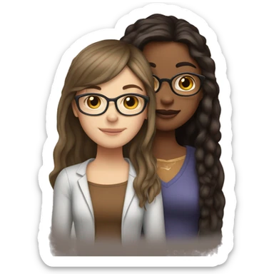 white girl with glasses and  long straight brown hair and bangs that’s hugging brown girl with longcurly dark brown hair sticker