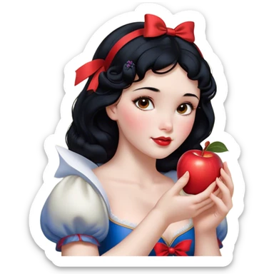 Cinematic Realistic Snow White Portrait, depicted with lifelike skin texture, soft natural lighting, and intricately detailed black hair styled with a red ribbon. Her soft brown eyes radiate innocence and kindness, complemented by a warm, gentle smile. She holds an apple in one hand, her other hand resting against her cheek, embodying her purity and charm. She is dressed in her classic yellow, blue, and red gown, the fabric rich in texture with delicate folds that catch the light beautifully. The portrait features a soft, natural glow with a radiant finish, capturing the essence of timeless beauty in a realistic and painterly style. sticker