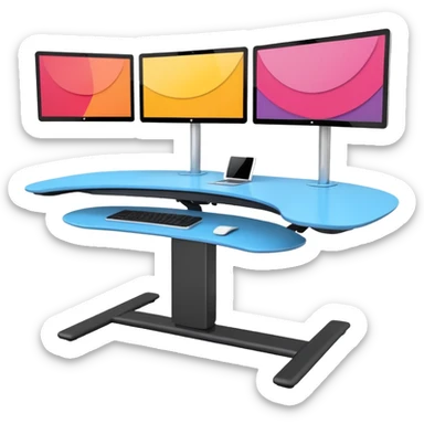 A height-adjustable office desk with a visible central lifting mechanism and a large flat monitor placed on top. The desk should look modern and minimal, symbolizing an ergonomic workstation. Rounded shapes, flat bright colors, consistent with standard emoji design. sticker