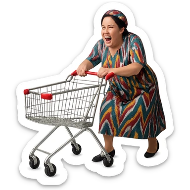 hysterical Uzbek woman with a shopping cart sticker