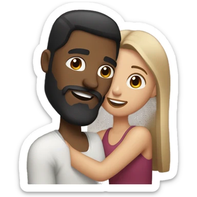 light skin woman with medium long straight medium brown hair hugging black man with very short dark hair and a long dark beard sticker