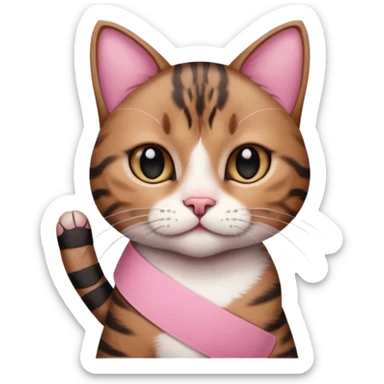 a young female brown and black tabby cat, with a pink bandage on her front paw, sticker