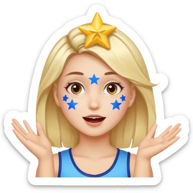 A girl with star-shaped cheek paint, cheering with bright eyes. sticker