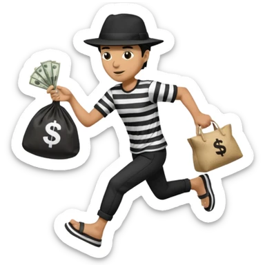 Make a man wear a black pant and he shirt is balck line and white line and wear a black hat and he holding a money bag and he running he wear a black eye thing no money in the Left hand and he yellow and the money bag in the right he wear a flip flop like this is Money bag 💰 NO MONEY sticker