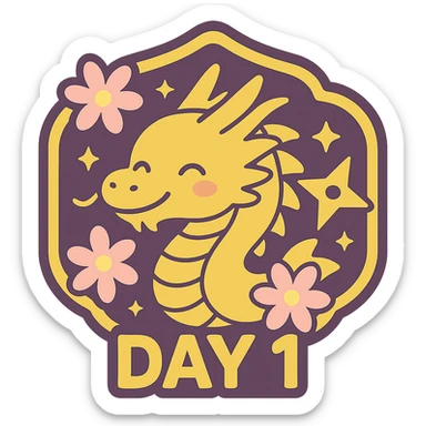 Add the text 'DAY 1' in bold, easy-to-read anime-style font below the dragon. Make the gold accents and dragon a little brighter and more vibrant. Keep the rich purple background, Japanese crest shape, sakura flowers, ninja star, and sparkly effects. Maintain transparent background. Sized for Twitch or Discord use in kawaii style. sticker