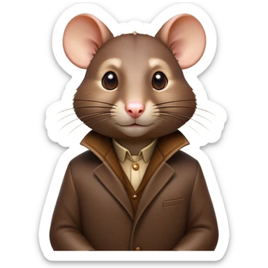 Cinematic Noble Brown Rat Portrait Emoji, Poised and alert, with a sleek, agile build and a smooth, well-groomed coat of warm brown fur, beady, determined eyes, Simplified yet sharp and sophisticated features, highly detailed, glowing with a soft, dignified glow, high shine, intelligent and resourceful, stylized with an air of urban savvy, focused and attentive, soft glowing outline, capturing the essence of a watchful and confident rat that feels as though it could scurry out of the screen with effortless authority! sticker