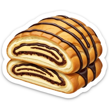  Chocolate-filled croissant roll, golden flaky pastry, chocolate drizzle on top, bite taken, white background, realistic food photo sticker