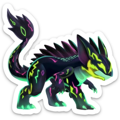 Rare realistic black-scaled neon-glowing bioluminescent edgy badass epic pretty beautiful handsome gorgeous aesthetic colorful vibrant Vernid-Trico-Amaura-species-Fakemon-creature by LiLaiRa, 4 legs, 1 tail, random markings, (full body) sticker