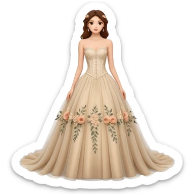 A luxurious strapless A-line wedding gown featuring a sheer lace corset bodice with structured boning, intricate floral embroidery, and a flowing layered tulle skirt adorned with delicate 3D floral appliqués for a soft, romantic, fairytale look. sticker