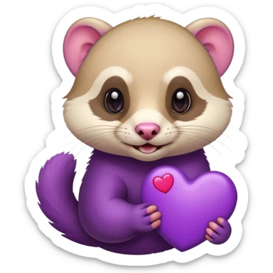 flirtatious ferret holding or surrounded by a purple heart, playful and cute expression, emoji style sticker