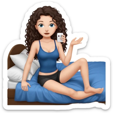 white girl, dark brown long slightly curly hair , skinni but with big breast , septum piercing on nose, beautiful dark gray-blue eyes, showing her foot in bed sticker
