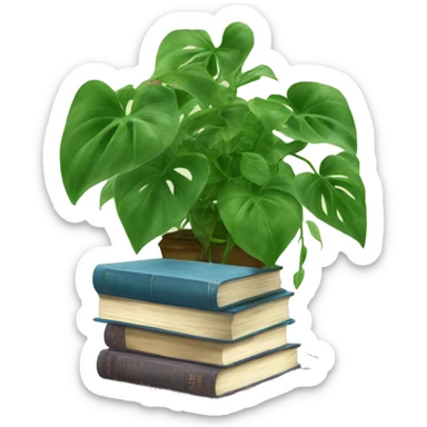 Pothos plant on a shelf with heaps of full vines of leaves hanging down. On the shelf next to it is a pile of 3 books that are cute  sticker