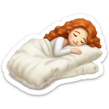 redhead girl sleeping with a pillow and fluffy ivory blanket sticker