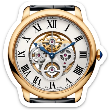 Cartier skeleton watch close-up, detailed openwork dial, luxury timepiece, iOS Apple emoji style sticker