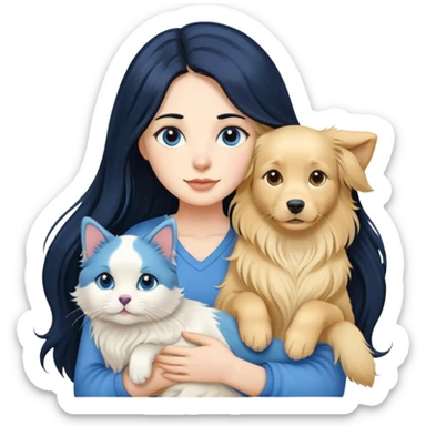 Woman with long black hair holding a blue and white long-haired cat and a golden retriever dog sticker