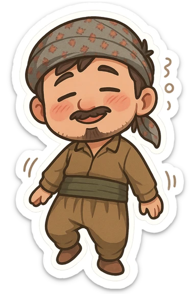 Kurdish man or woman in jamadani, cartoon style, tipsy or slightly drunk, rosy cheeks, relaxed smile, swaying, no text sticker