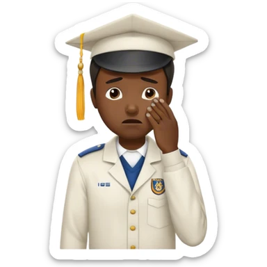Create an emoji of a student crying. He is wearing a university uniform, including a shirt and pants and hat. The man is visibly upset, with tears streaming down his face, and he is wiping his eyes with his hand. The background should be simple to emphasize his emotional state, conveying the feeling of being overwhelmed with school stress or personal struggles sticker