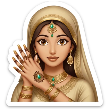 An Arab woman takes a , showcasing her beautifully adorned hands with intricate henna designs and long, elegant nails. She wears multiple gold rings that complement her shimmering golden traditional outfit. sticker