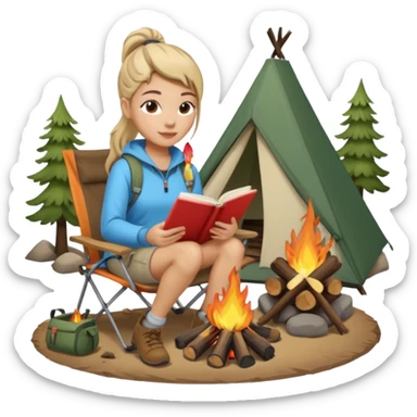 A pony tail hair woman journaling on a camping chair, enjoying the quiet nature scene beside a campfire sticker