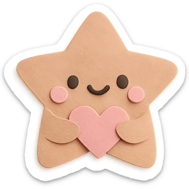 Smiling pastel brown star clutching a small pastel heart, no arms or legs, full body, transparent background, kawaii paper craft style. sticker