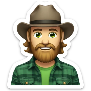 Long Bearded man with trucker cap and flannel shirt and green eyes, who is in to American country music sticker