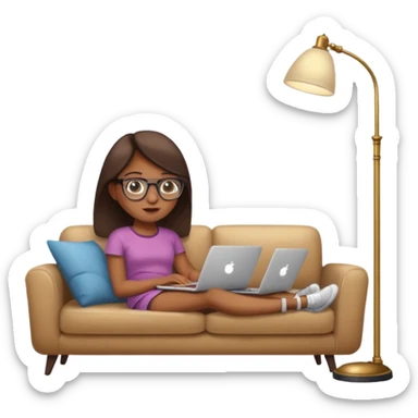 A girl is working with a laptop while lying on a sofa, with a floor lamp to the right. sticker