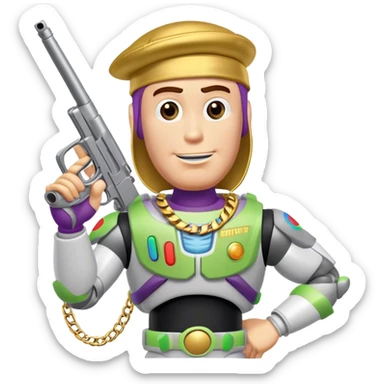 buzz lightyear with a gold chain, durag, and gun sticker