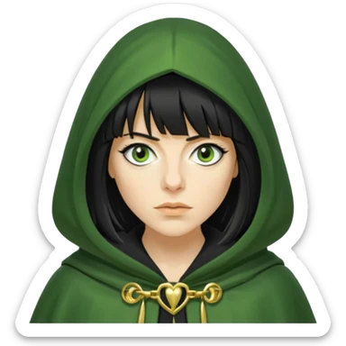 claudia winkleman with a heavy fringe as a traitor with a green hooded cloak with a gold clasp and dark black eyeliner sticker