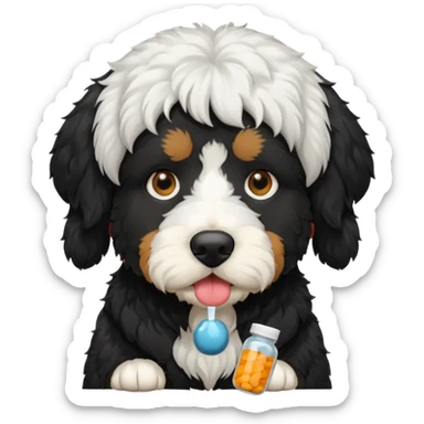 A Bernedoodle black dog with white hair around nose eating Advil pills  sticker