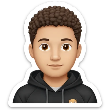Latino man with light brown warm skin, round face, full cheeks, soft jaw, slight friendly smile, very short fade haircut, curly on top, medium eyebrows, medium eyes, straight nose, medium lips, black hoodie with white logo, practical and hardworking vibe sticker