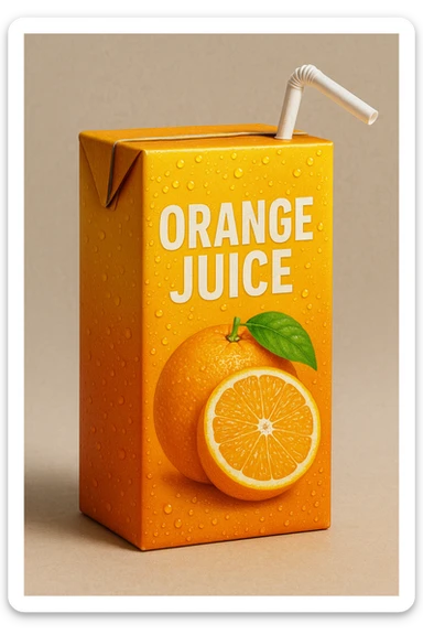 realistic orange juice box with a straw, condensation on the box, vibrant colors sticker
