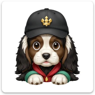 A black and white Russian Cocker Spaniel puppy wearing a cap sticker