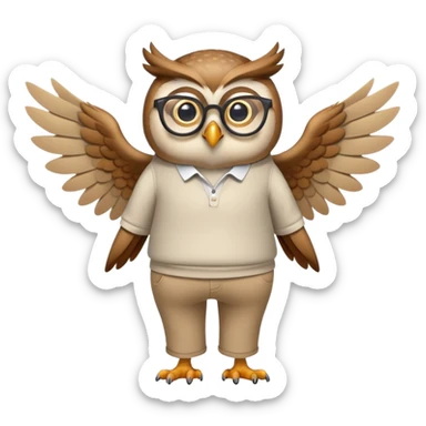 friendly anthropomorphised owl with wings instead of arms, in pants and a shirt, wearing glasses, walking upright, relaxed pose sticker
