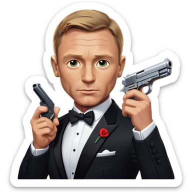 Cinematic Realistic James Bond Daniel Craig Portrait Emoji, depicted as the ultimate suave and enigmatic secret agent, donning a sharply tailored tuxedo, gripping a sleek handgun, with a piercing gaze that exudes confidence and danger. The scene is infused with moody, high-contrast cinematic lighting, evoking the thrilling world of espionage and intrigue. sticker
