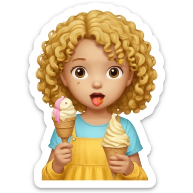 a little girl kid with curly hair, yellow dress, eat ice cream sticker