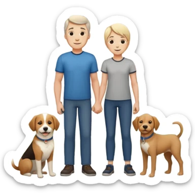 1 Father 1 Mother and 1 young boy who is half as tall as the parents, standing in front of their house with a dog next to them sticker