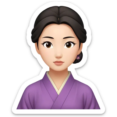 Cinematic Serene Mulan Portrait Emoji, rendered in a simplified vector style. Depict a gentle Mulan (chest and above) with warm, radiant skin, sleek dark hair pulled back in a neat bun, and a calm, thoughtful expression, wearing a simple traditional robe in muted hues. The design glows softly with an elegant, inviting light. sticker