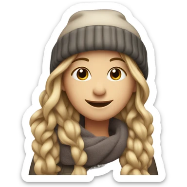 smiling girl with long dark blonde hair in a winter hat sticker