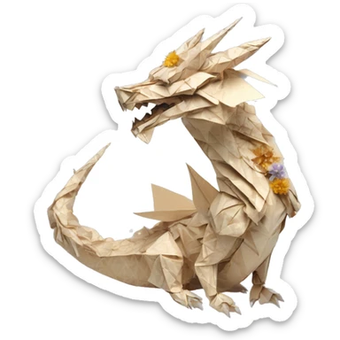Sparkling patterned Beige Origami dragon with a dried flower crown made of newspapers intricate patterns surrounded by fairy lights nebula galaxy stars swirls iridescent holographic  sticker