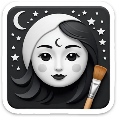 Visualize on-brand content — instantly. black white pallete preferred. brush painting on a canvas. app icon. modern, sleek, minimalistic. ai generated. make moon and star to look like a face. sticker