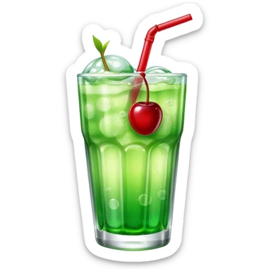 Create an emoji with a clear rounded glass, bright transparent green soda with fine bubbles, a smooth vanilla scoop, a glossy red cherry, using vibrant colors, soft shading, and clear glass highlights.
 sticker