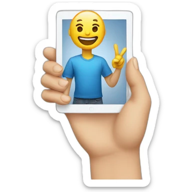 person holding an ipad, while pointing to it sticker