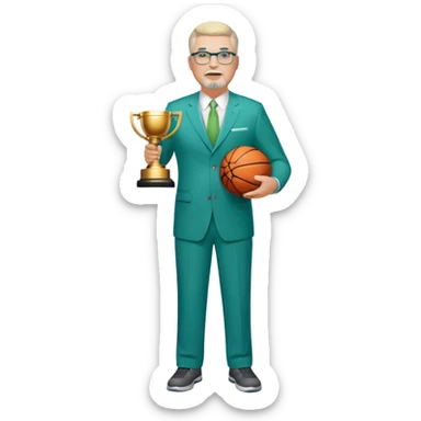 Full Body white middle aged male plus size wearing glasses with a goatee with light blonde and gray very short hair basketball head Coach in blue and green suit holding trophy sticker